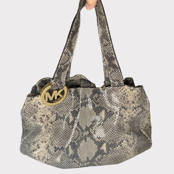 Michael Kors - Python Embossed Leather Shoulder Bag - Gray/Tan - Picture 2 of 9